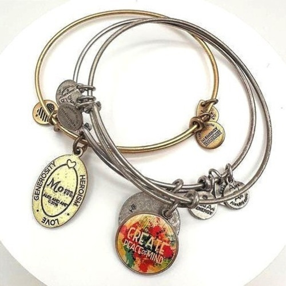 Vintage 90s Alex and Ani Bangle Bracelet Set Mom Peace of Mind Silver Gold Tone